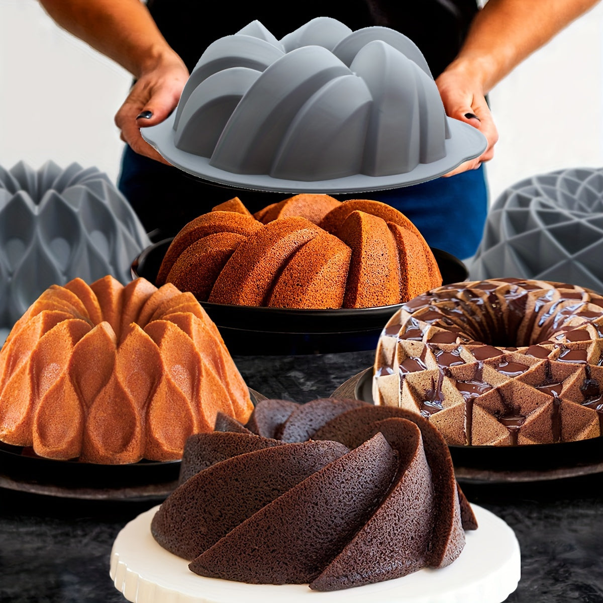 Set of Silicone Bundt Cake Pans - Includes 1 Oven-Safe Nonstick Mold Perfect for Christmas Baking - Features Round Fluted, Crown, Nest, Spiral & Braided Designs for Various Baked Goods such as Cakes, Brownies, Flans & Meatloaf