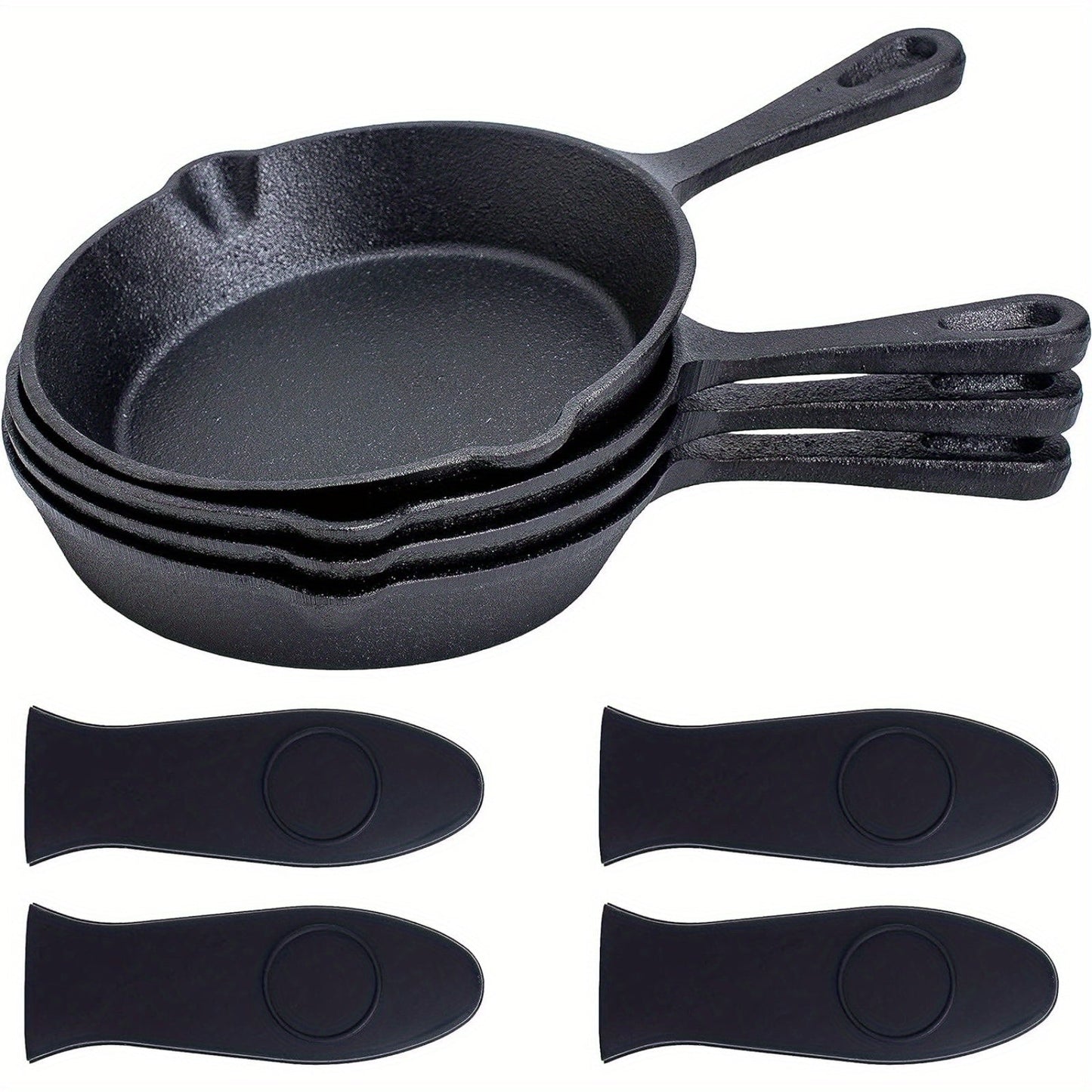 Set of 4 Pre-Seasoned Cast Iron Skillets - Hand Wash Only - 15.24 cm - Oven Safe Frying Pans - Durable Cookware with Silicone Handle Covers - Perfect for Indoor and Outdoor Cooking