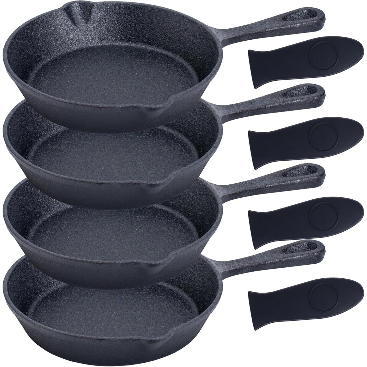 Set of 4 Pre-Seasoned Cast Iron Skillets - Hand Wash Only - 15.24 cm - Oven Safe Frying Pans - Durable Cookware with Silicone Handle Covers - Perfect for Indoor and Outdoor Cooking