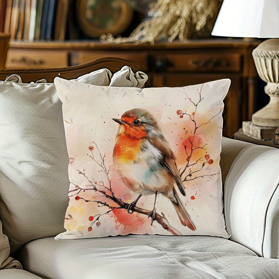 Soft Peach Skin Velvet Pillowcase with Bird Design, 44.98cm - Decorative Cushion Cover for Sofa, Living Room, Bedroom, Zip Closure, Machine Washable - No Insert, for Sofa.