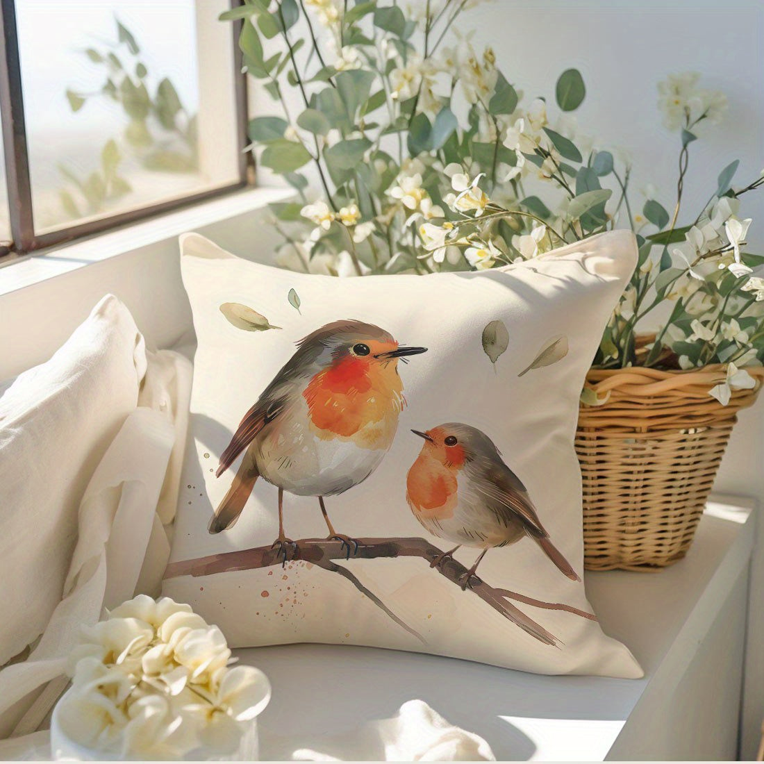 Soft Peach Skin Velvet Pillowcase with Bird Design, 44.98cm - Decorative Cushion Cover for Sofa, Living Room, Bedroom, Zip Closure, Machine Washable - No Insert, for Sofa.