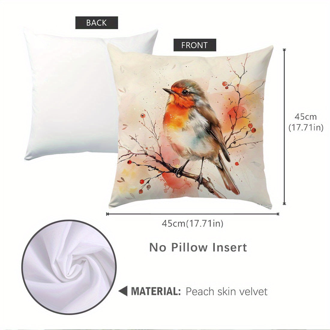 Soft Peach Skin Velvet Pillowcase with Bird Design, 44.98cm - Decorative Cushion Cover for Sofa, Living Room, Bedroom, Zip Closure, Machine Washable - No Insert, for Sofa.