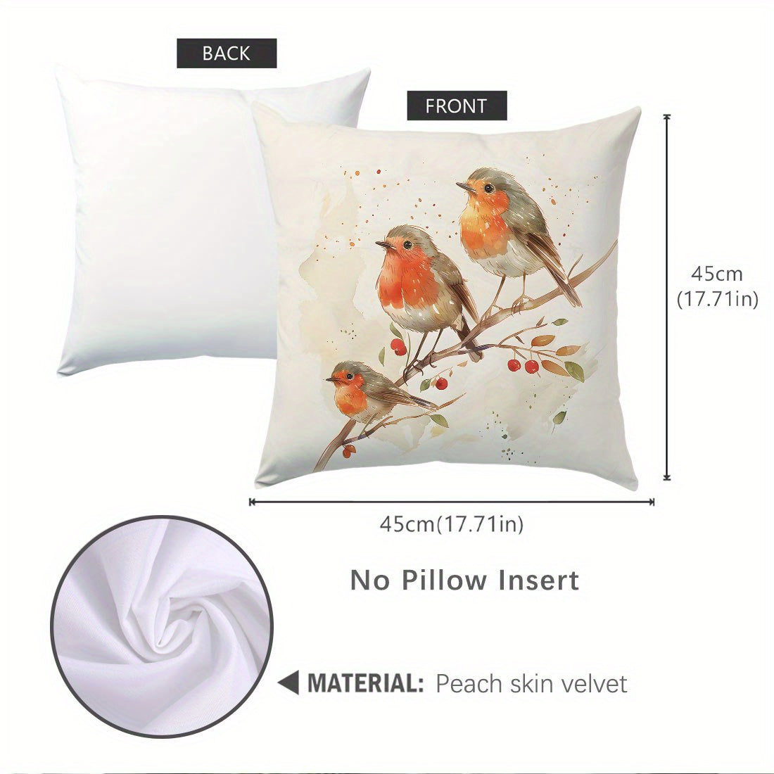 Soft Peach Skin Velvet Pillowcase with Bird Design, 44.98cm - Decorative Cushion Cover for Sofa, Living Room, Bedroom, Zip Closure, Machine Washable - No Insert, for Sofa.