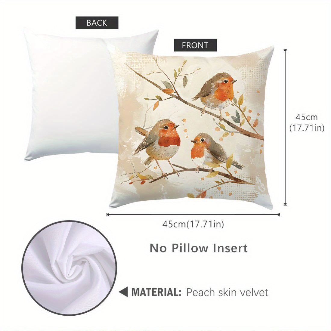 Soft Peach Skin Velvet Pillowcase with Bird Design, 44.98cm - Decorative Cushion Cover for Sofa, Living Room, Bedroom, Zip Closure, Machine Washable - No Insert, for Sofa.