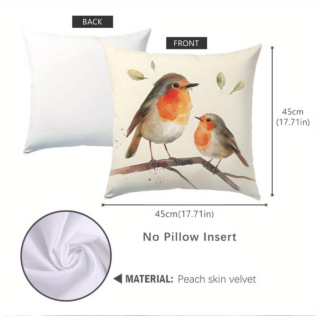 Soft Peach Skin Velvet Pillowcase with Bird Design, 44.98cm - Decorative Cushion Cover for Sofa, Living Room, Bedroom, Zip Closure, Machine Washable - No Insert, for Sofa.