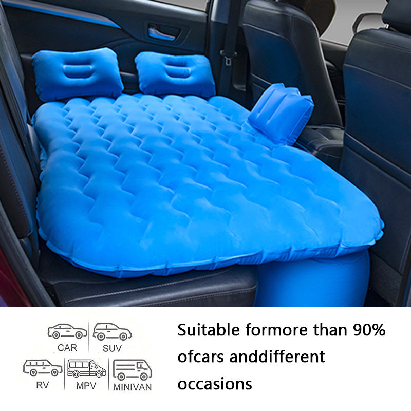 PVC self-inflating air mattress for vehicle rear seat, single person, includes stuff pouch, no repair kit required.