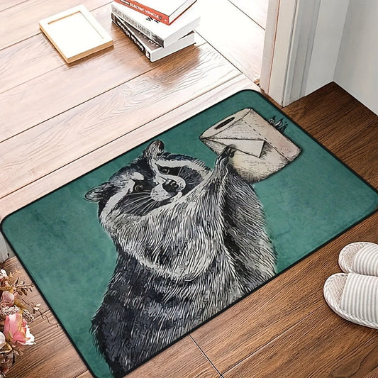 Adorable Raccoon Door Mat featuring Toilet Paper Design, Made from Polyester Fiber with Non-Slip Backing, Ideal for Room and Porch Decoration – Perfect Gift for Your Special Lady