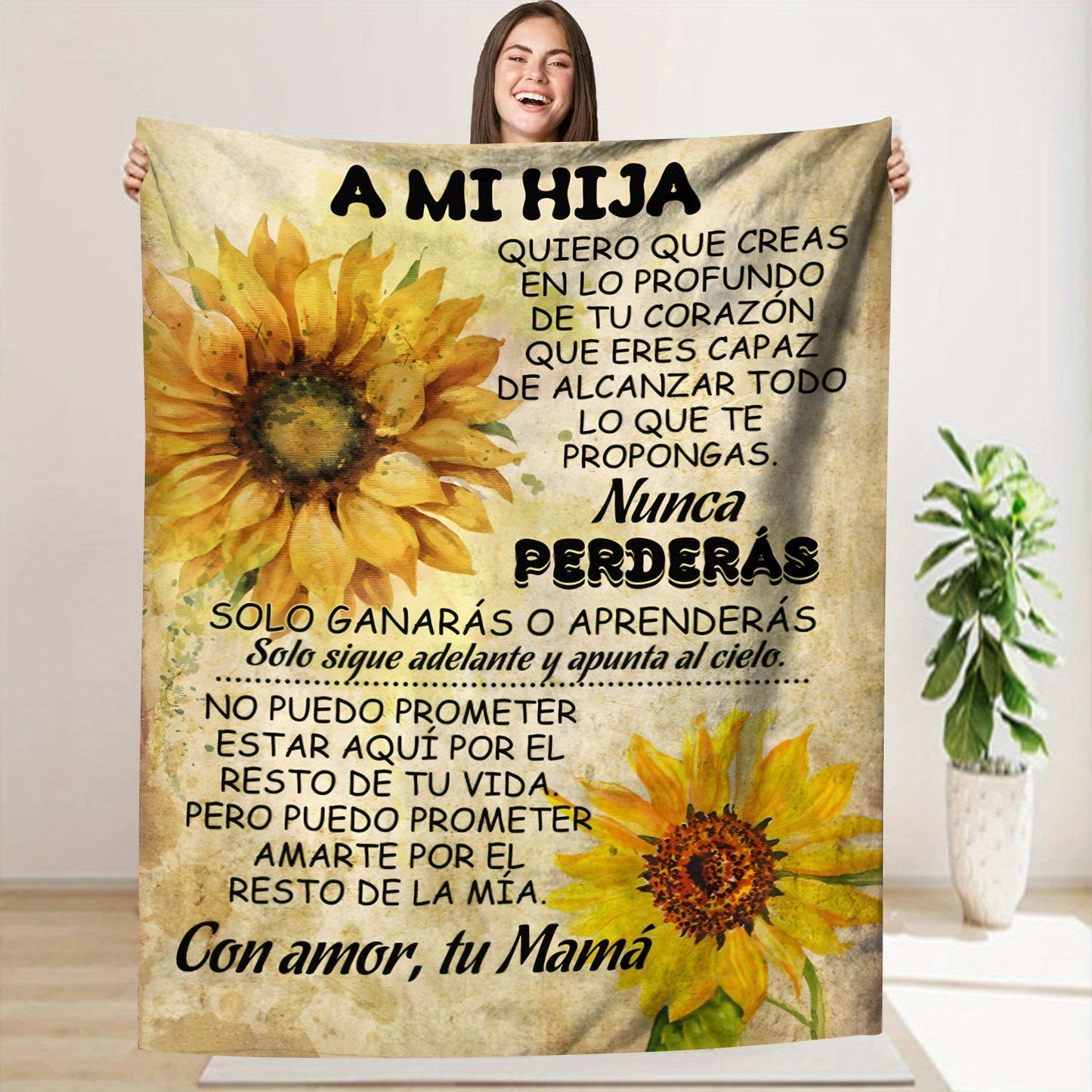 Soft printed fleece throw featuring an inspirational message from a Spanish mom to her daughter, perfect for all seasons. This digital print polyester knitted lodge style blanket makes a thoughtful occasion-themed gift.