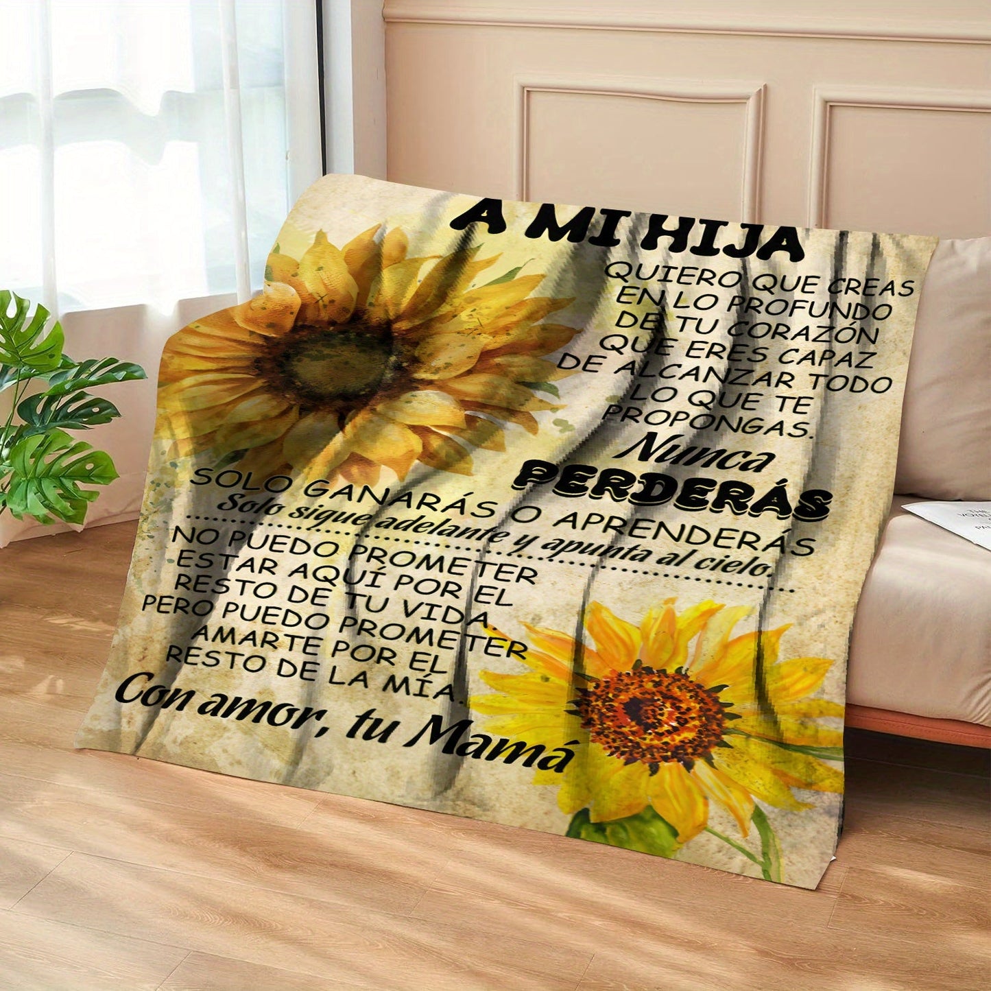 Soft printed fleece throw featuring an inspirational message from a Spanish mom to her daughter, perfect for all seasons. This digital print polyester knitted lodge style blanket makes a thoughtful occasion-themed gift.