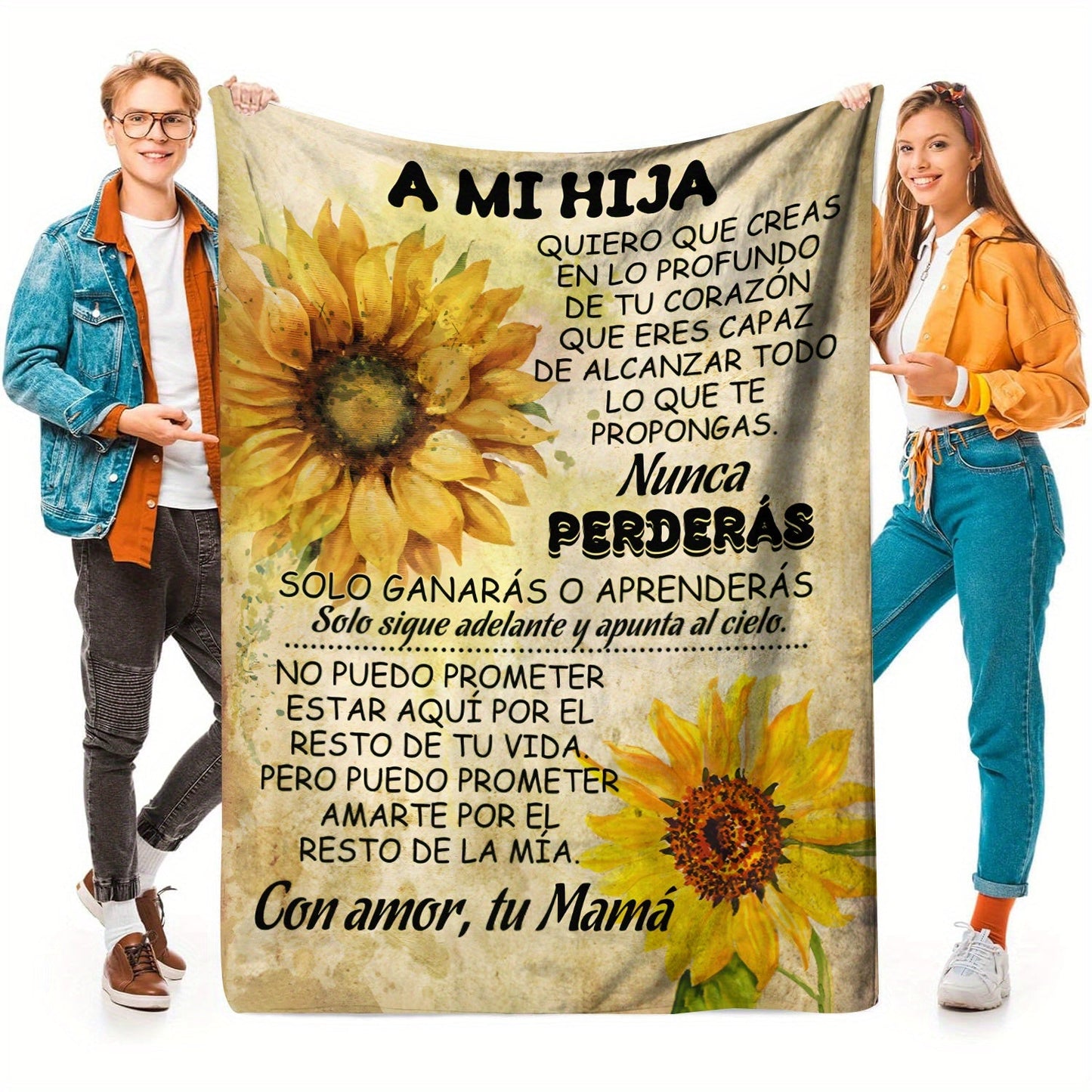 Soft printed fleece throw featuring an inspirational message from a Spanish mom to her daughter, perfect for all seasons. This digital print polyester knitted lodge style blanket makes a thoughtful occasion-themed gift.