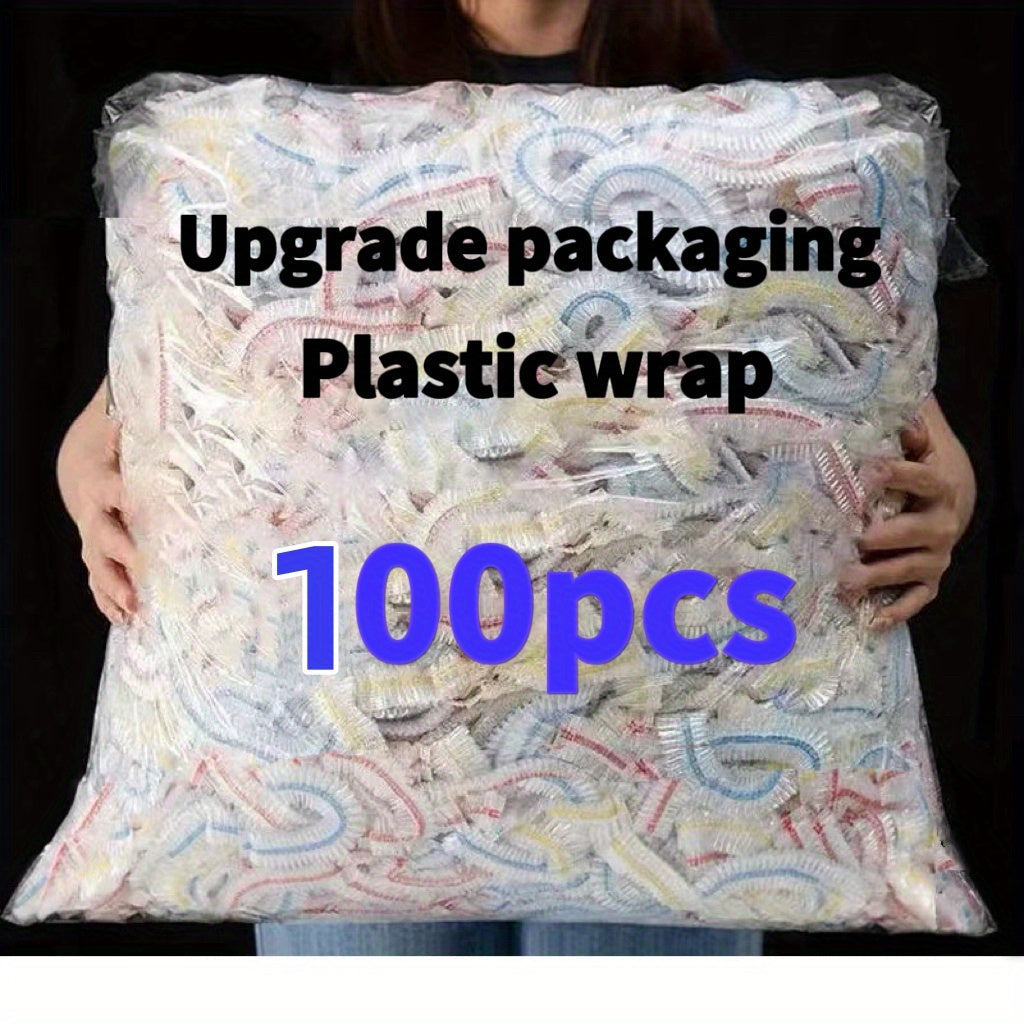 Value pack containing 100, 300, and 500 pieces of disposable food covers in assorted colors. Made of food-grade PE material for fresh-keeping. Ideal for storing food in bowls in the kitchen.