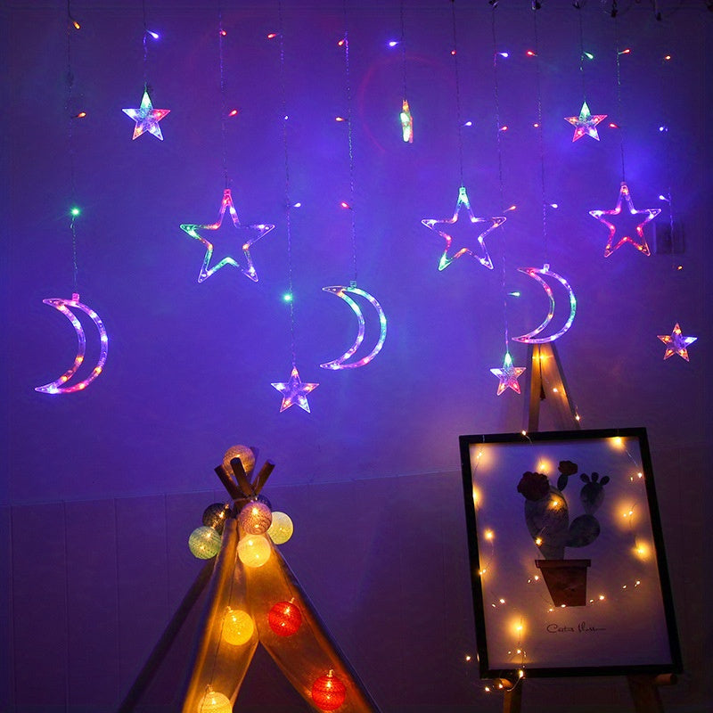 1 set of LED fairy curtain lights with stars and moon for decoration during various events including Ramadan, Valentine's Day, weddings, birthdays, graduation ceremonies, parties, and