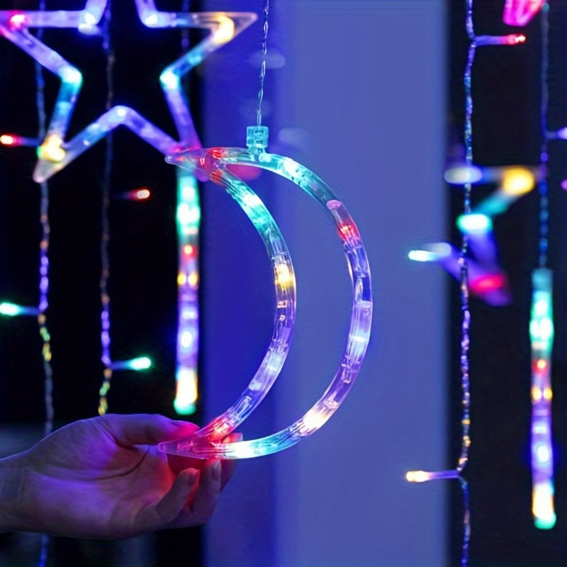 1 set of LED fairy curtain lights with stars and moon for decoration during various events including Ramadan, Valentine's Day, weddings, birthdays, graduation ceremonies, parties, and