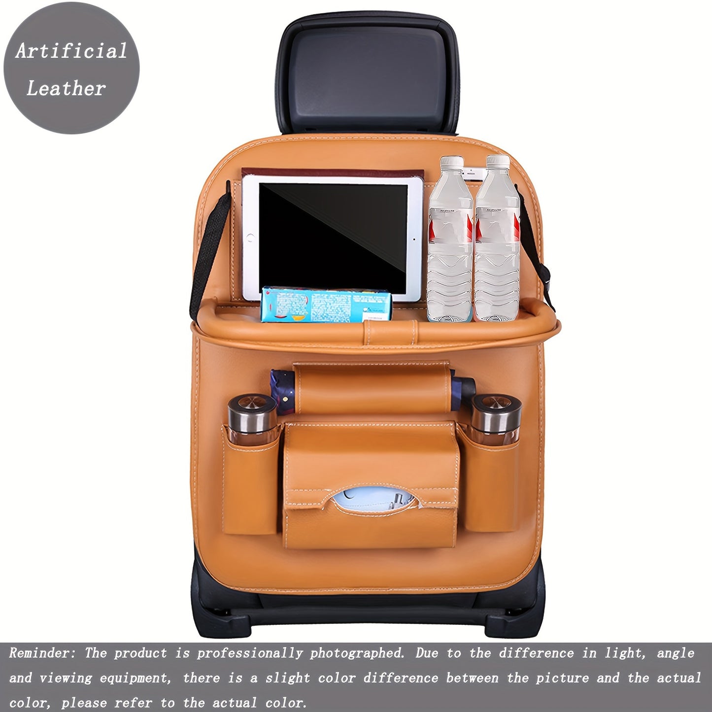 Car backseat organizer with foldable table tray made of premium PU leather for storing snacks, beverages, and entertainment items.