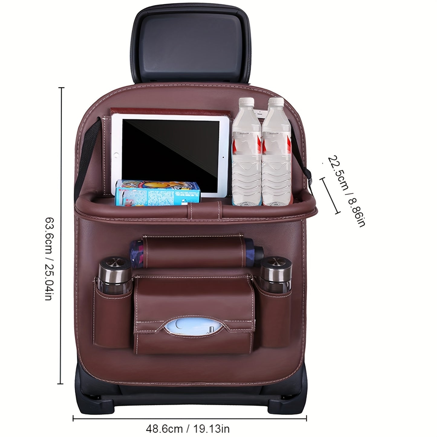 Car backseat organizer with foldable table tray made of premium PU leather for storing snacks, beverages, and entertainment items.