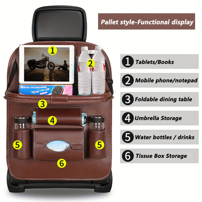 Car backseat organizer with foldable table tray made of premium PU leather for storing snacks, beverages, and entertainment items.