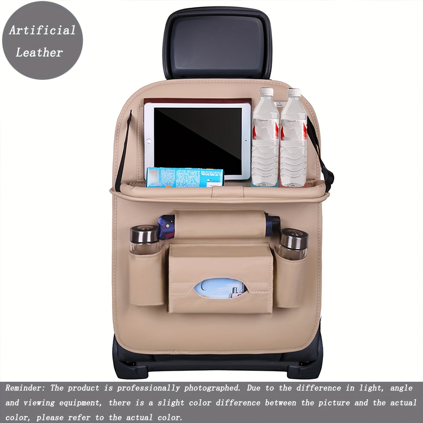 Car backseat organizer with foldable table tray made of premium PU leather for storing snacks, beverages, and entertainment items.