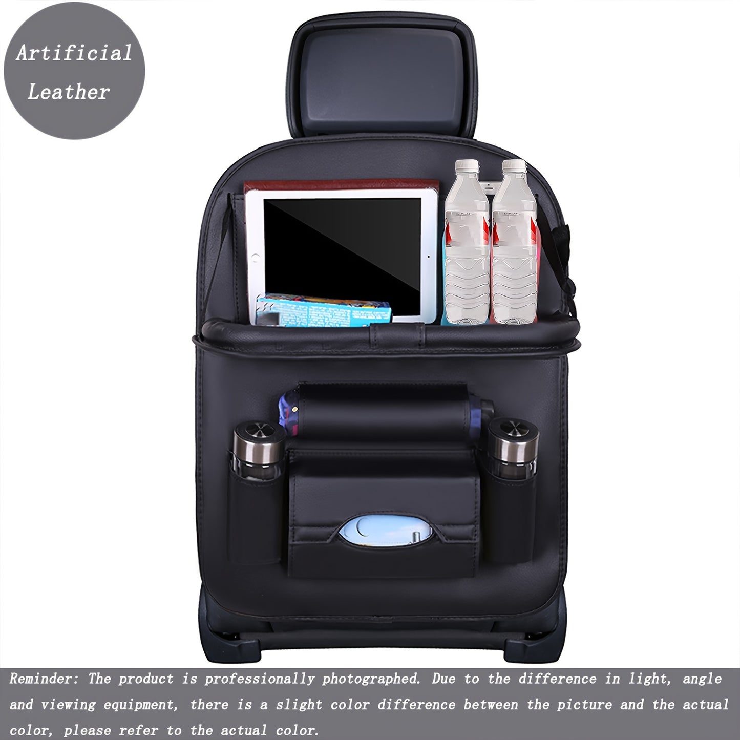 Car backseat organizer with foldable table tray made of premium PU leather for storing snacks, beverages, and entertainment items.