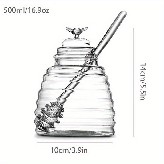 Mustahkam shisha asal idishi, 500ml sig'im, issiqlikka chidamli va marvarid qadoqlash bilan transportda xavfsiz. Sirop, shakar saqlash va oshxona uchun ideal.