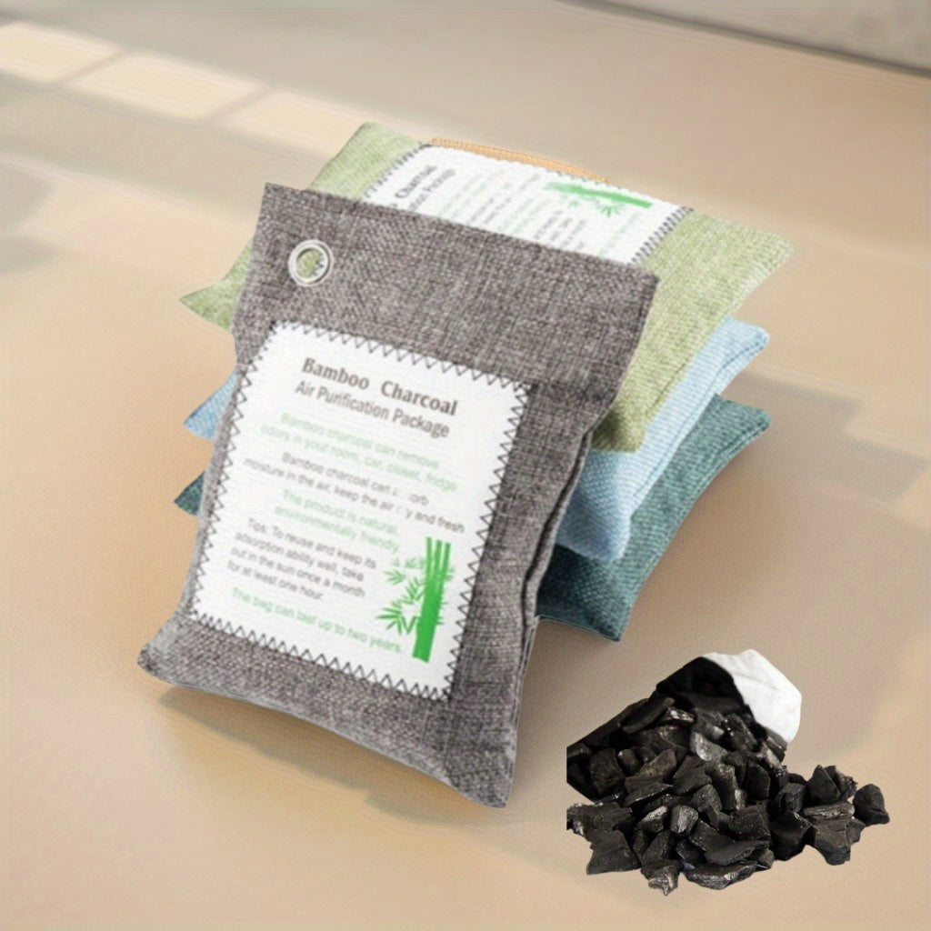 4 bags of 200g bamboo charcoal packs in four colors for odor elimination in various spaces.