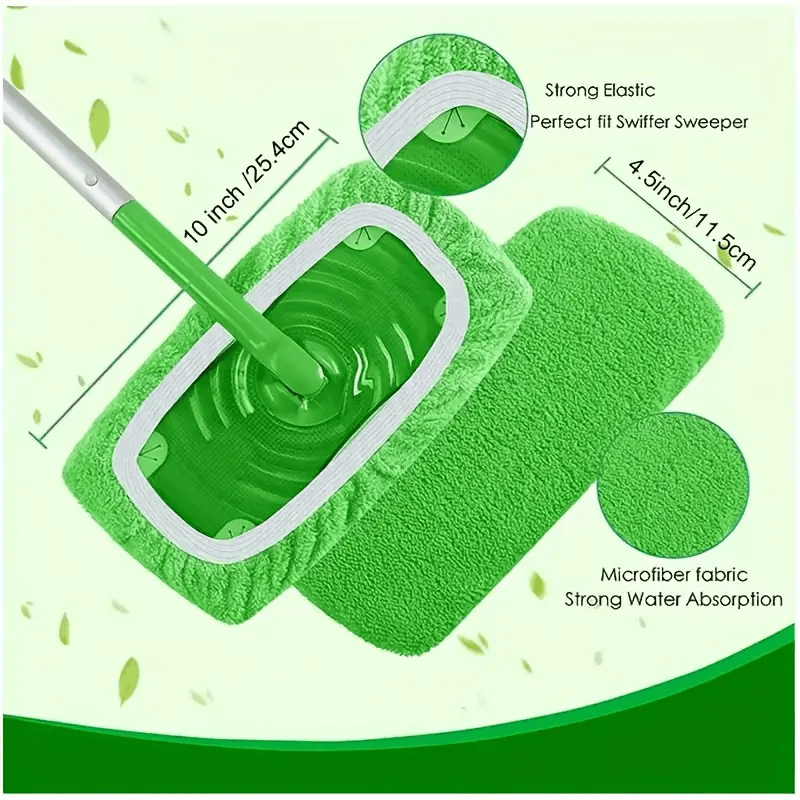 Get a set of 6 green reusable mop pads that are washable, durable, and highly absorbent for wet and dry floor cleaning. Made from high-quality polyester fiber, these mop pads are easy to attach and ideal for use on hardwood, tile, and linoleum floors.