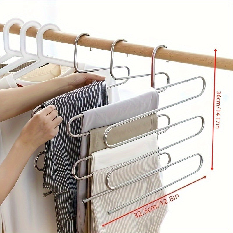 S-Shaped Stainless Steel Multi-Layer Pants Rack for Wardrobe Organization, Non-Slip Storage and Drying Solution for Home and Kitchen