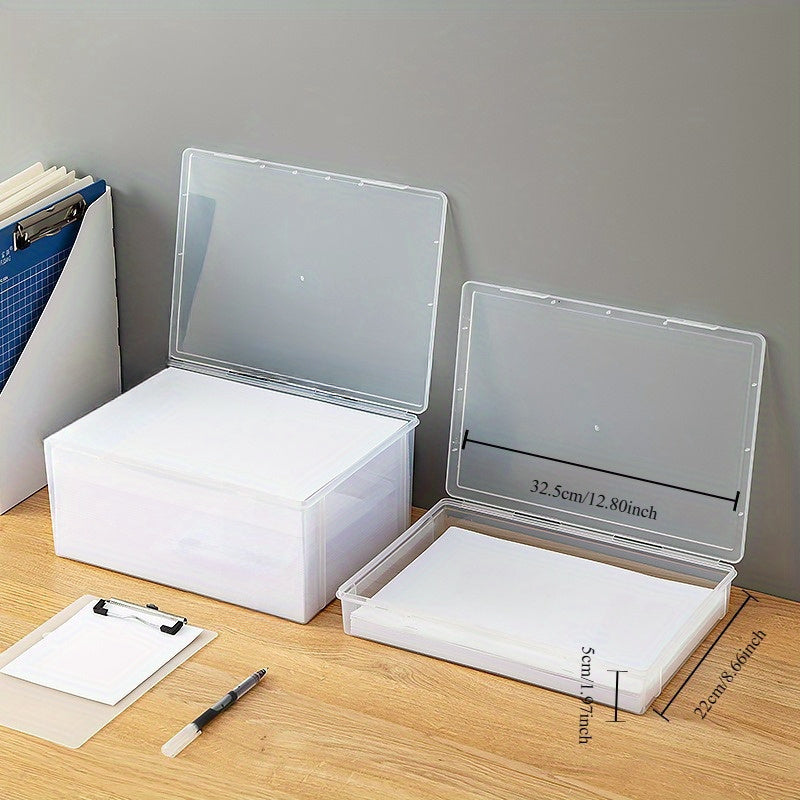 Clear plastic file box with lid for storage & organization at home, office, or school.