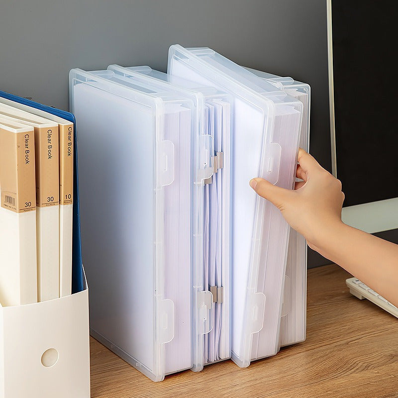 Clear plastic file box with lid for storage & organization at home, office, or school.