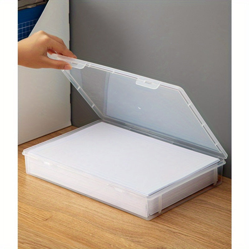 Clear plastic file box with lid for storage & organization at home, office, or school.