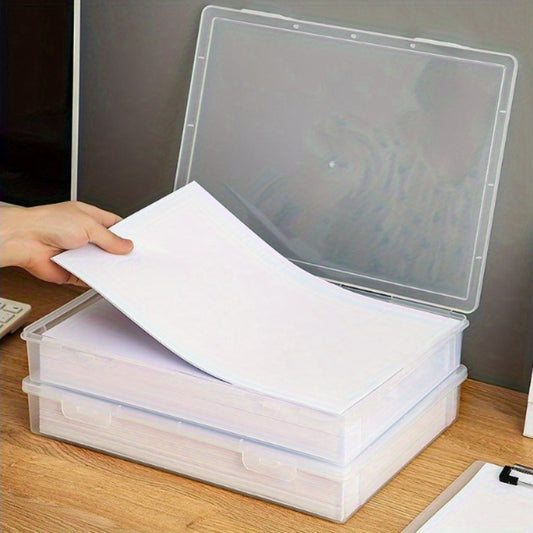 Clear plastic file box with lid for storage & organization at home, office, or school.