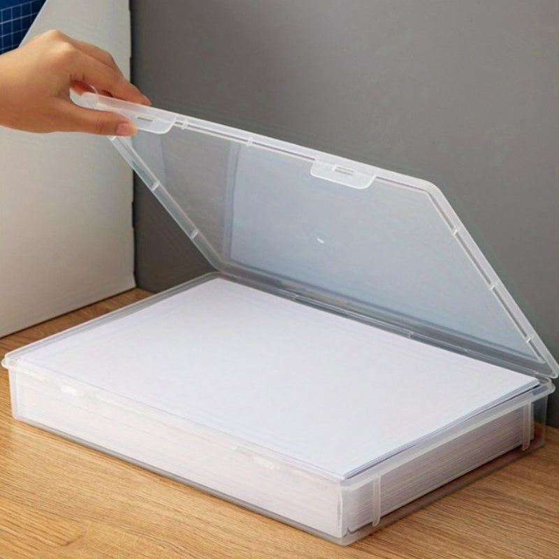 Clear plastic file box with lid for storage & organization at home, office, or school.