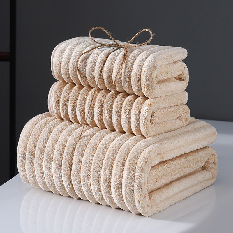 Japanese-style 3-piece coral fleece bath towel set with 350 GSM knit fabric, made of 100% polyester. Includes 1 bath towel and 2 face towels. Ultra absorbent and durable for home, hotel, and outdoor use.