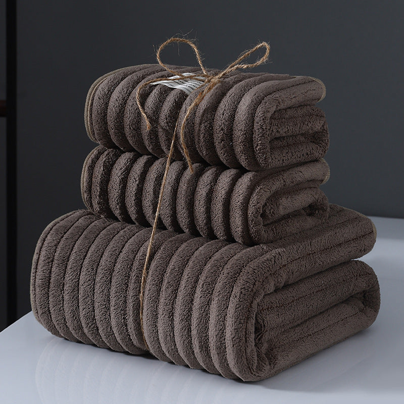 Japanese-style 3-piece coral fleece bath towel set with 350 GSM knit fabric, made of 100% polyester. Includes 1 bath towel and 2 face towels. Ultra absorbent and durable for home, hotel, and outdoor use.