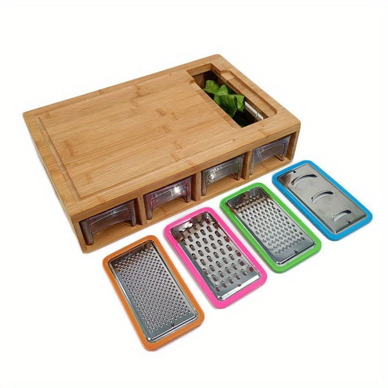 This set includes a bamboo cutting board with storage, 4 graters, 4 plastic boxes, and 4 bamboo covers - a total of 13 pieces to help streamline your kitchen prep.