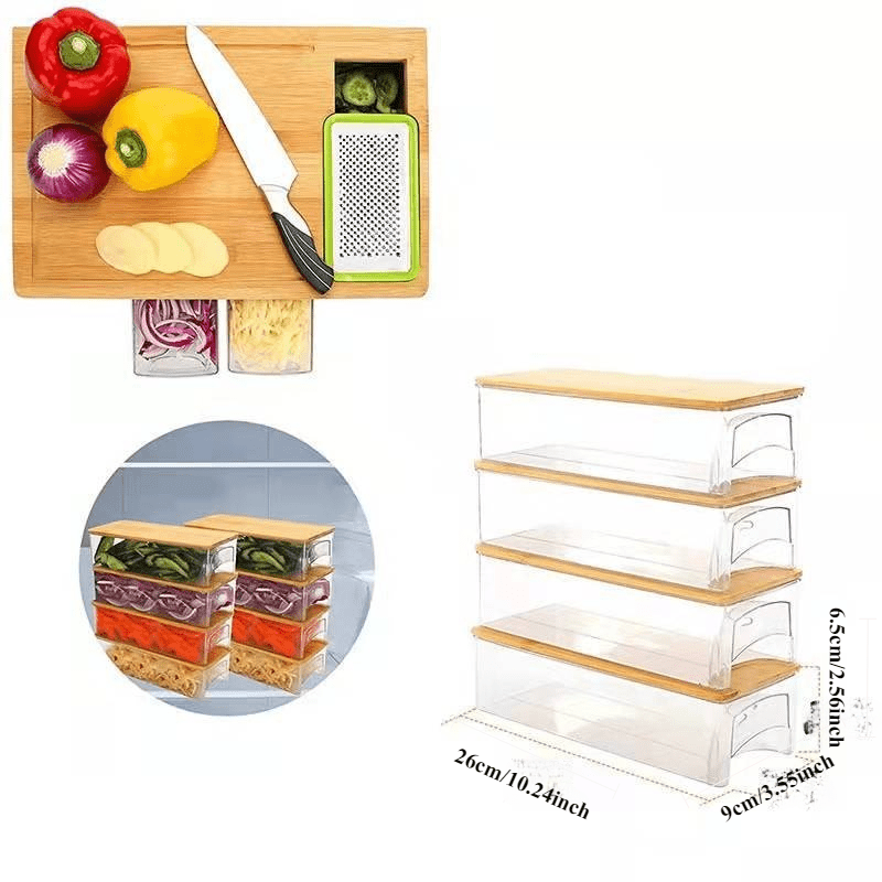 This set includes a bamboo cutting board with storage, 4 graters, 4 plastic boxes, and 4 bamboo covers - a total of 13 pieces to help streamline your kitchen prep.