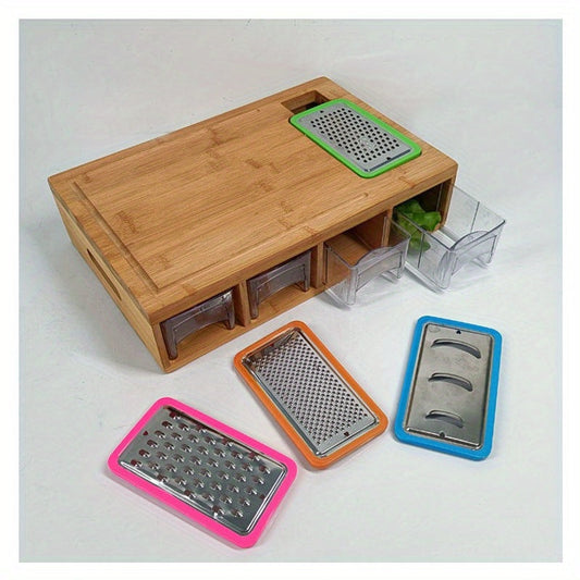 This set includes a bamboo cutting board with storage, 4 graters, 4 plastic boxes, and 4 bamboo covers - a total of 13 pieces to help streamline your kitchen prep.