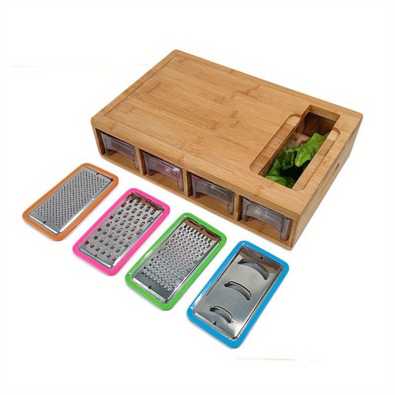 This set includes a bamboo cutting board with storage, 4 graters, 4 plastic boxes, and 4 bamboo covers - a total of 13 pieces to help streamline your kitchen prep.