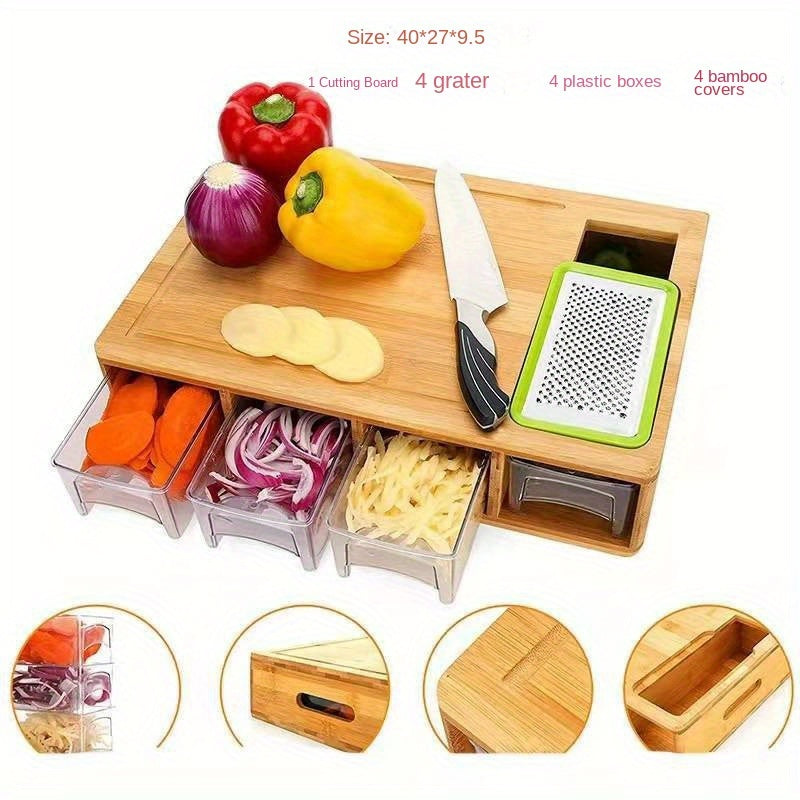 This set includes a bamboo cutting board with storage, 4 graters, 4 plastic boxes, and 4 bamboo covers - a total of 13 pieces to help streamline your kitchen prep.