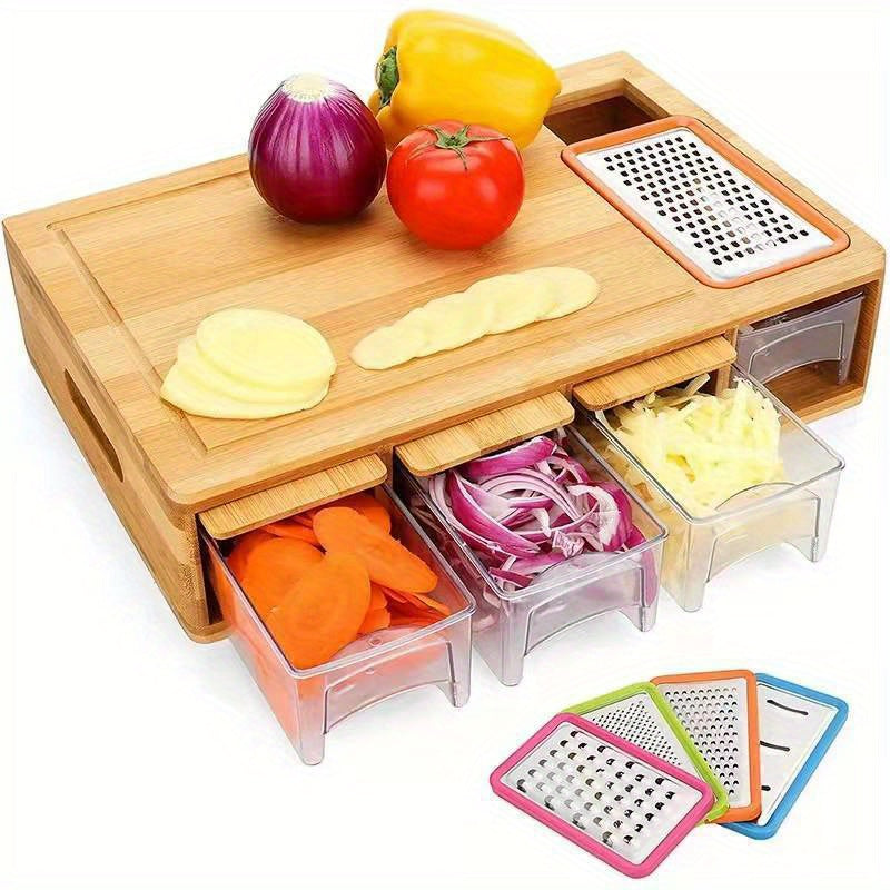 This set includes a bamboo cutting board with storage, 4 graters, 4 plastic boxes, and 4 bamboo covers - a total of 13 pieces to help streamline your kitchen prep.