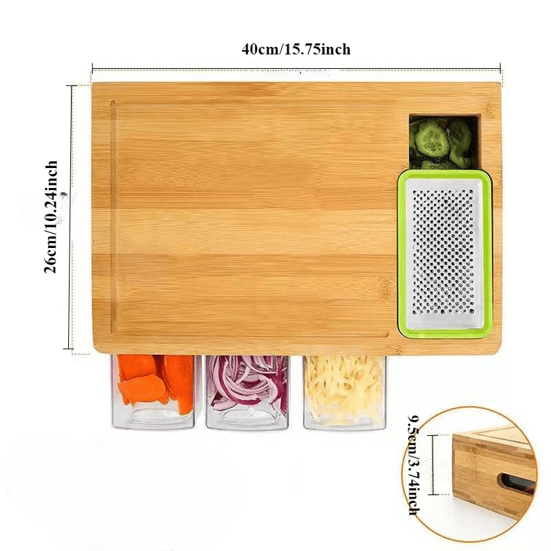 This set includes a bamboo cutting board with storage, 4 graters, 4 plastic boxes, and 4 bamboo covers - a total of 13 pieces to help streamline your kitchen prep.