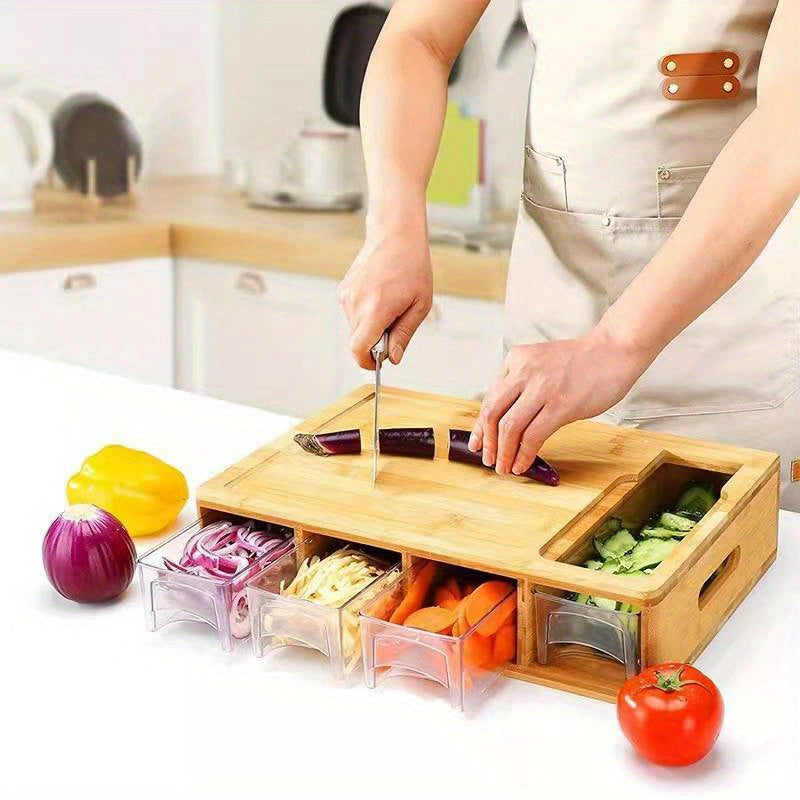 This set includes a bamboo cutting board with storage, 4 graters, 4 plastic boxes, and 4 bamboo covers - a total of 13 pieces to help streamline your kitchen prep.