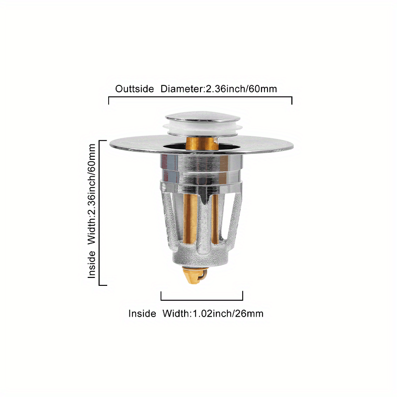 Universal bathroom sink stopper for 1.06" to 1.80" basin drain holes. Includes basin pop-up drain filter and basket hair catcher. No overflow design.