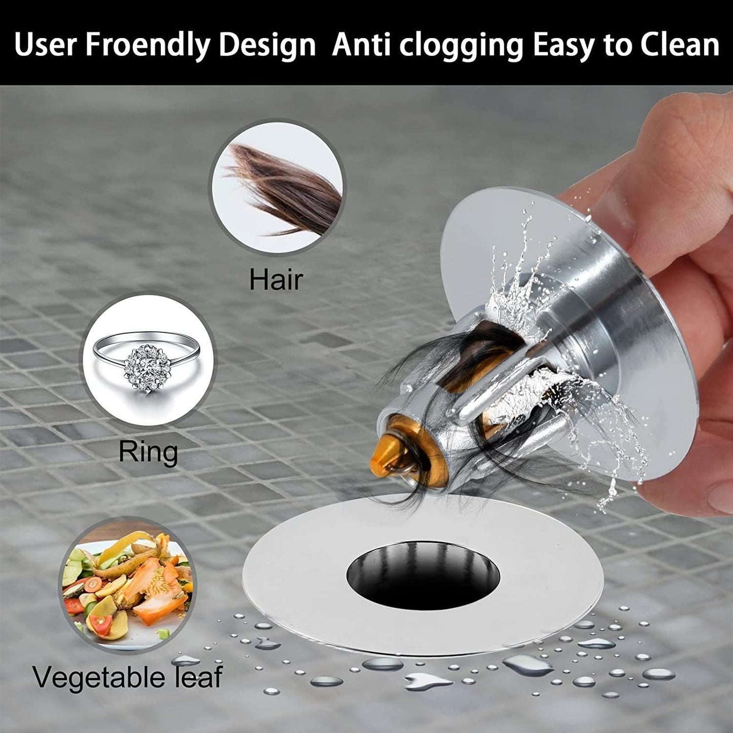 Universal bathroom sink stopper for 1.06" to 1.80" basin drain holes. Includes basin pop-up drain filter and basket hair catcher. No overflow design.