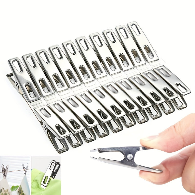 20 pieces of stainless steel clothes pegs, laundry clips, household clothes drying clips. These strong windproof fixed clips are perfect for securing clothes. They can be used as clothes pegs, clothes pins, metal clamps, or multifunctional small clips.