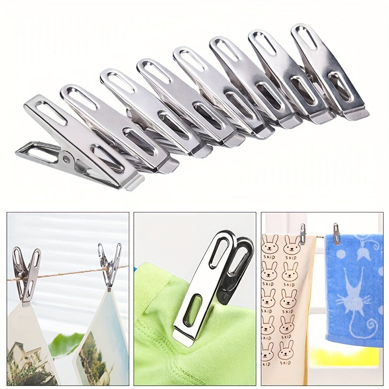 20 pieces of stainless steel clothes pegs, laundry clips, household clothes drying clips. These strong windproof fixed clips are perfect for securing clothes. They can be used as clothes pegs, clothes pins, metal clamps, or multifunctional small clips.