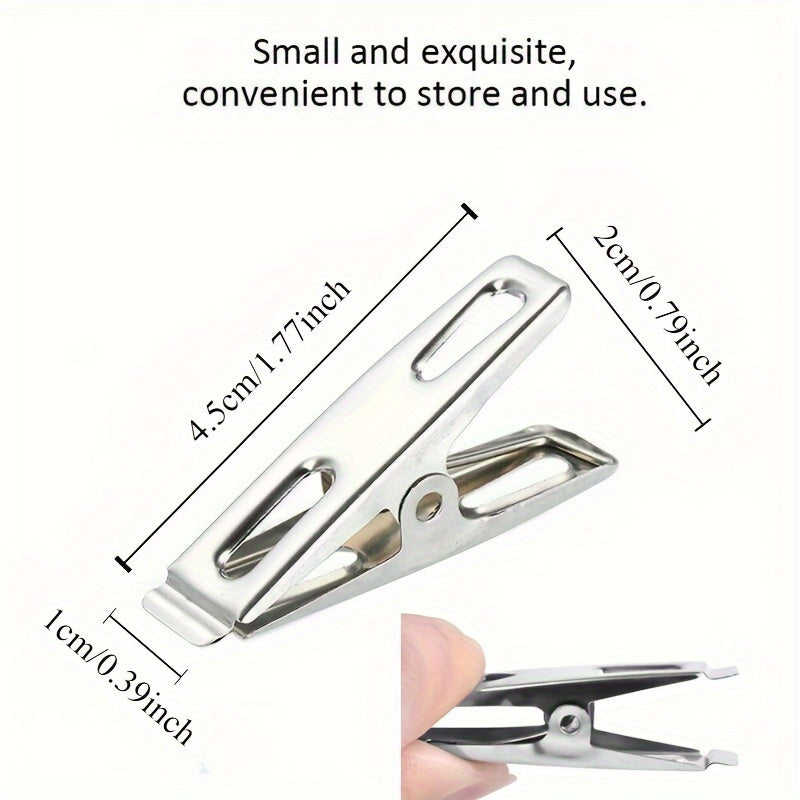 20 pieces of stainless steel clothes pegs, laundry clips, household clothes drying clips. These strong windproof fixed clips are perfect for securing clothes. They can be used as clothes pegs, clothes pins, metal clamps, or multifunctional small clips.