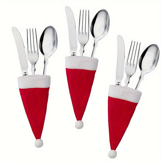 Set of 10 mini Christmas hat cutlery holders in red, ideal for holiday table decor and all-season dining.