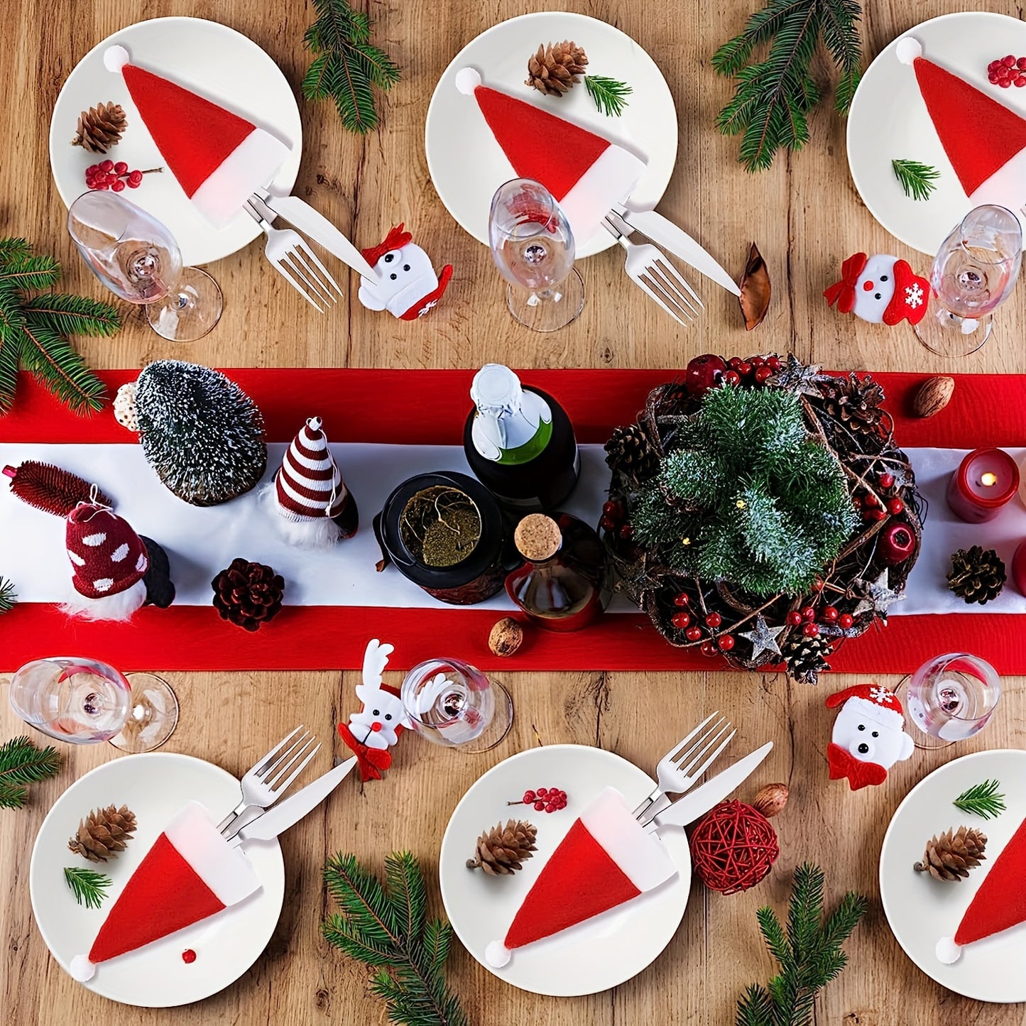 Set of 10 mini Christmas hat cutlery holders in red, ideal for holiday table decor and all-season dining.