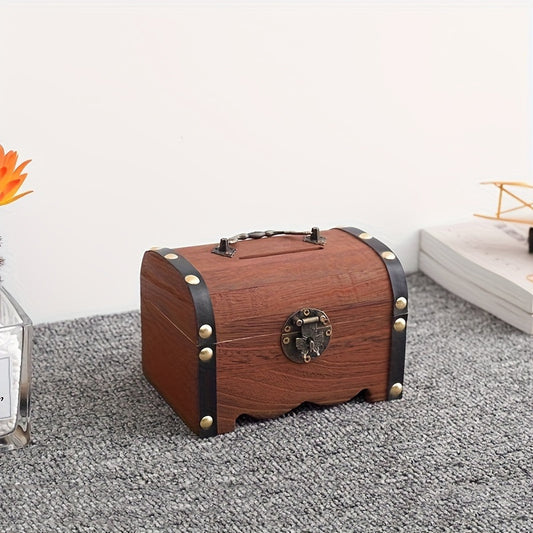 Vintage Wooden Chest Bank with Lock, Handle, and Secure Coin Saving Storage, Perfect Retro Decorative Money Box Gift in Brown.