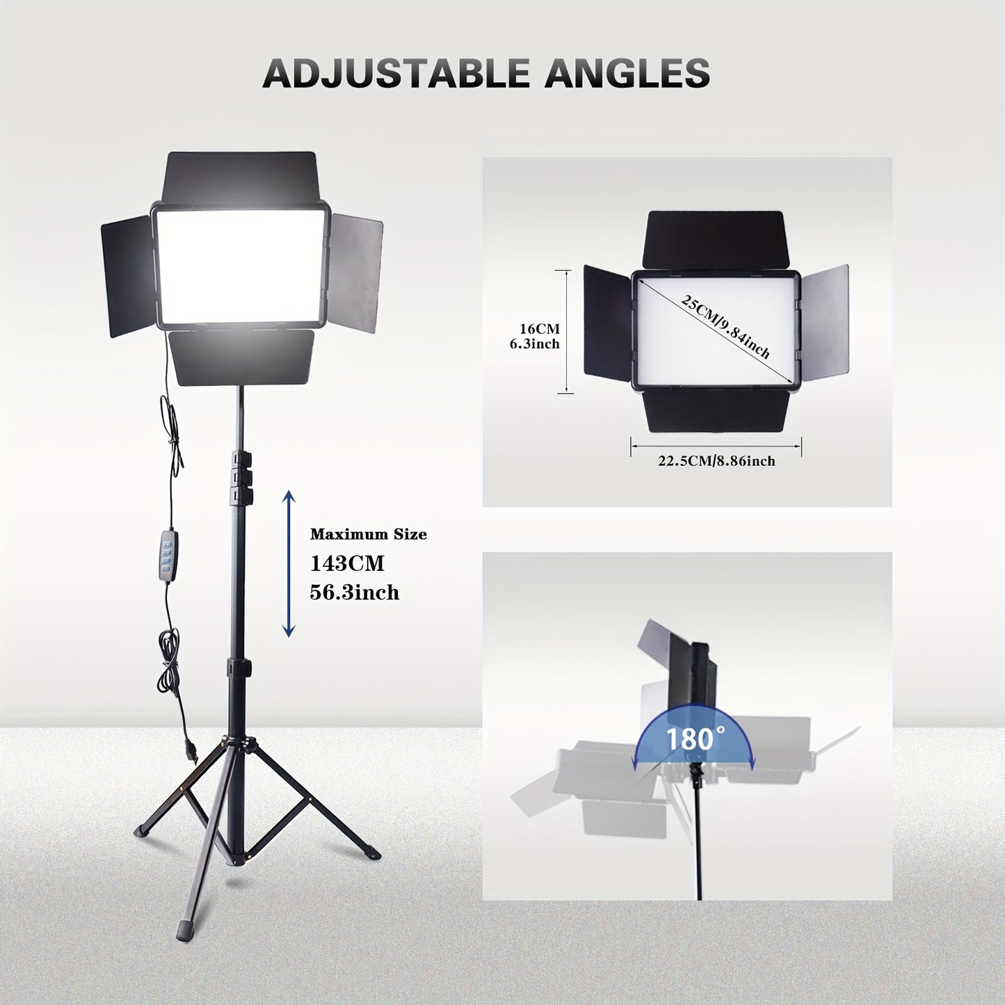 Photography lighting kit with studio fill lights, tripod, LED fill light, dimmable options, four baffles, cell phone clip. Ideal for video recording, photo studio, conferences, live selfies.